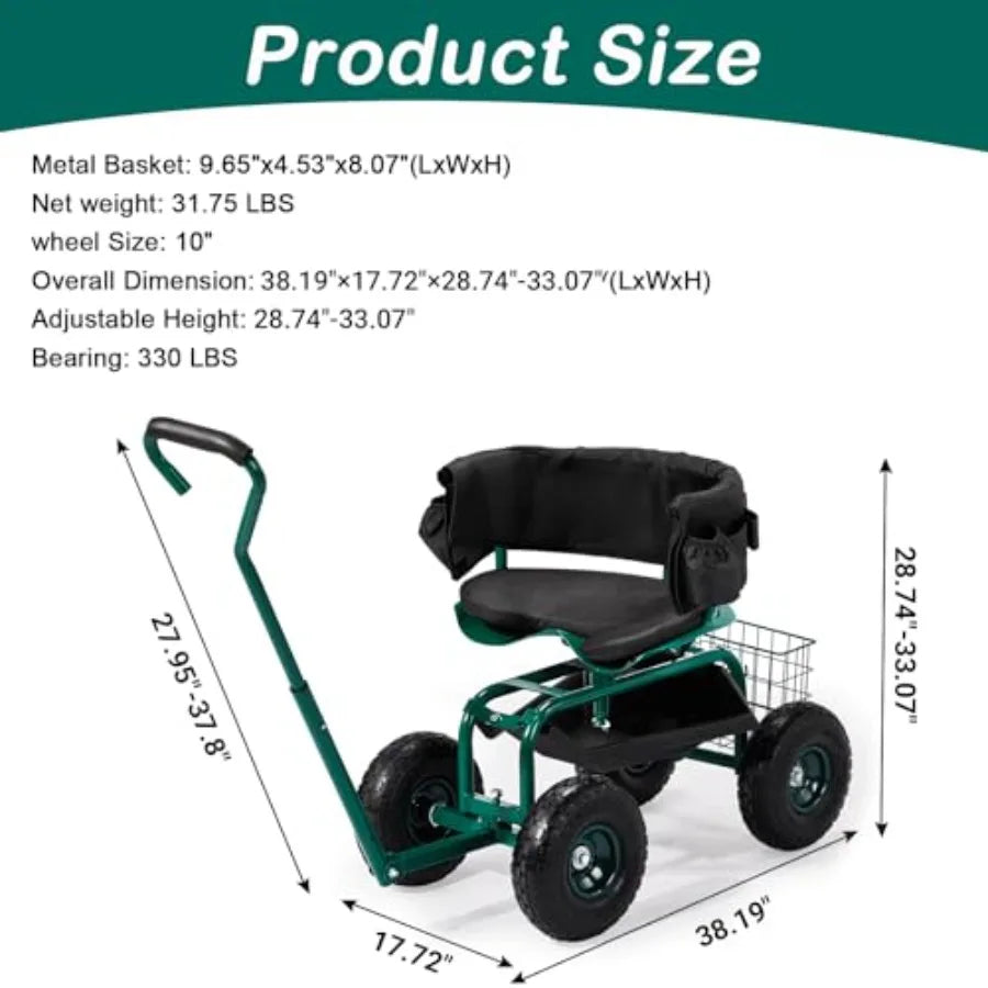 Garden Cart for Patio Backyard Lawn Outdoor Use: Green Steel Frame with Soft Rolling Seat Wheels Adjustable Steering Handle Uti