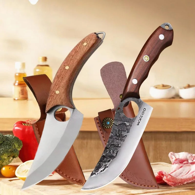 WXCOO Professional Kitchen Boning Knife Wooden Handle BBQ Knives Meat Eating Knife Butcher Knife Hammered Forged Stainless Steel
