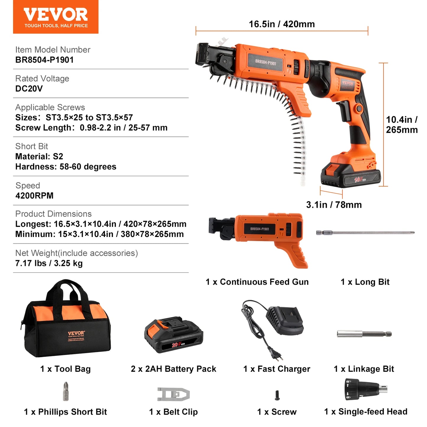 SucceBuy Drywall Screw Gun 20V Max Drywall Screwgun 4200RPM Brushles Cordless Drywall Kit Reverse Adjustable Built-in LED Light
