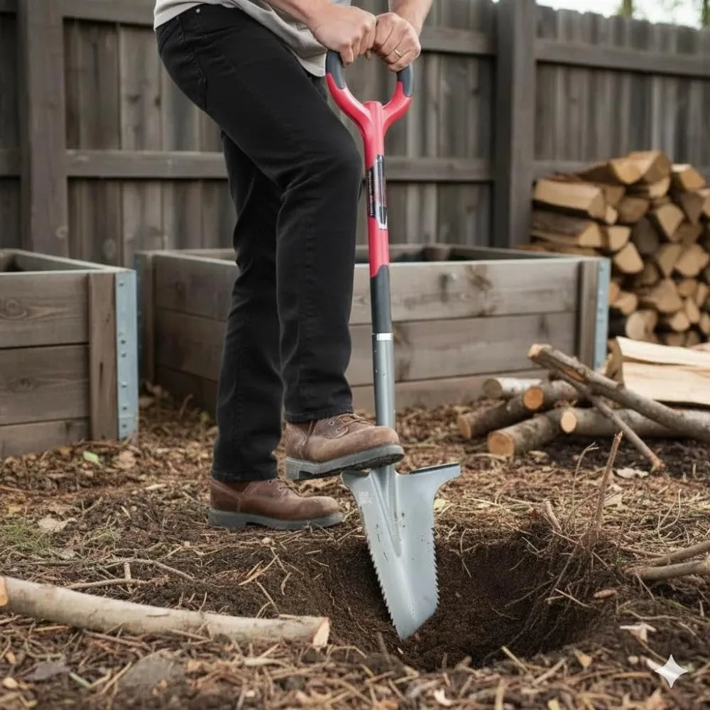 Heavy Duty Garden Shovel with Serrated Steel Blade for Digging and Cutting Roots