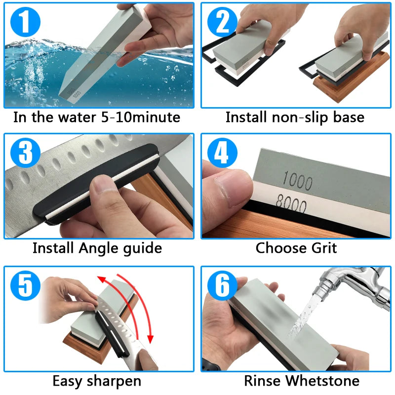 2in1 Professional Sharpening stones Knife sharpener Double-side Whetstone Grinder stone Watster stone Bamboo base Angle guide