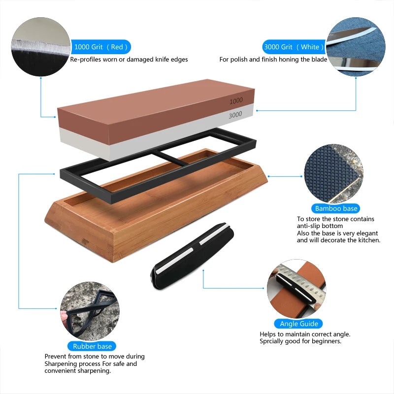 2in1 Professional Sharpening stones Knife sharpener Double-side Whetstone Grinder stone Watster stone Bamboo base Angle guide