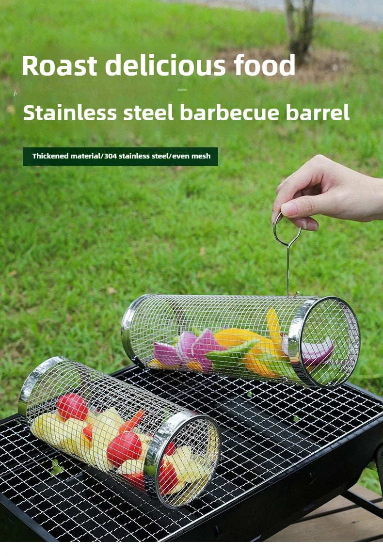 2pcs Rolling Grilling Baskets for Outdoor Grill Bbq Net Tube Stainless Steel Round Mesh Rotation Barbecue Cage grill Accessories