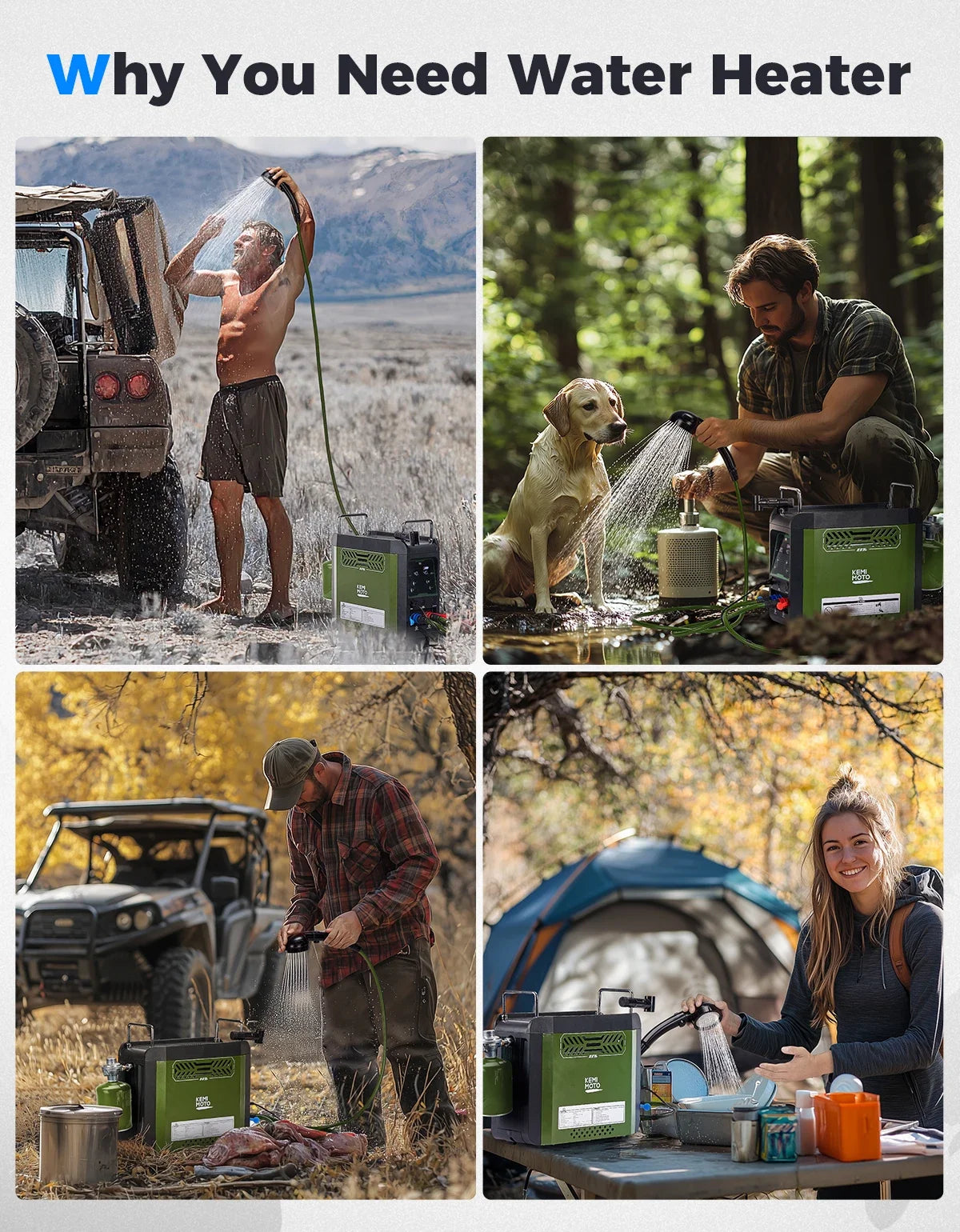 UTV Portable Shower Botane Outdoor Water Heater with Pump Max 100 Mins 3s Instant Hot 20,000 BTU 4000mAh Rechargeable Battery