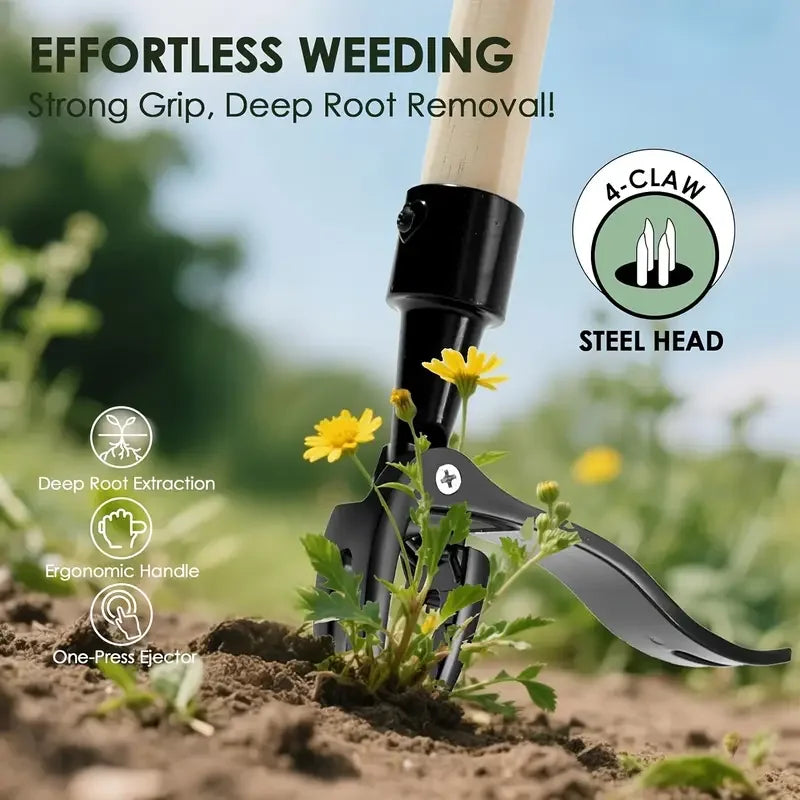 Heavy-Duty Stainless Steel 4-Prong Weed Puller, Adjustable Height Lawn with Long Handle, Sturdy Root Killer for Root Removal