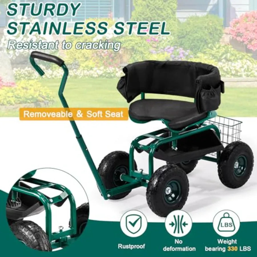 Garden Cart for Patio Backyard Lawn Outdoor Use: Green Steel Frame with Soft Rolling Seat Wheels Adjustable Steering Handle Uti