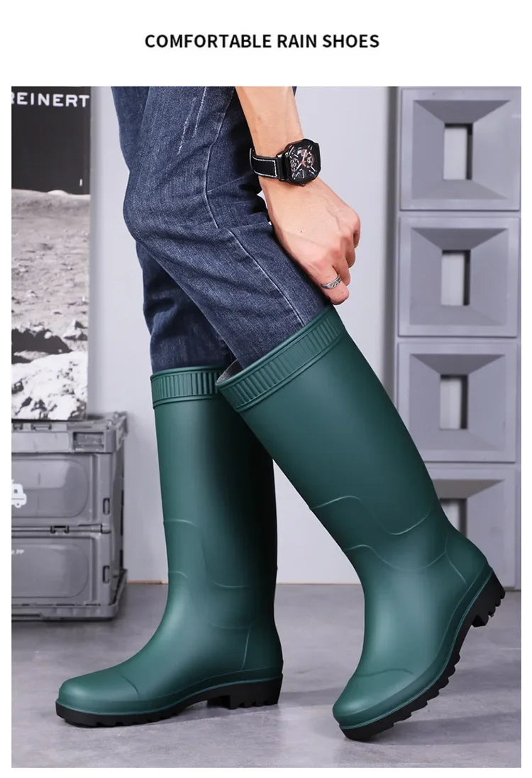 Men's Fashionable Long Tube Rain Boots Anti-Slip Waterproof Wear-Resistant Outdoor Fishing Car Wash Thick Bottom Shoes