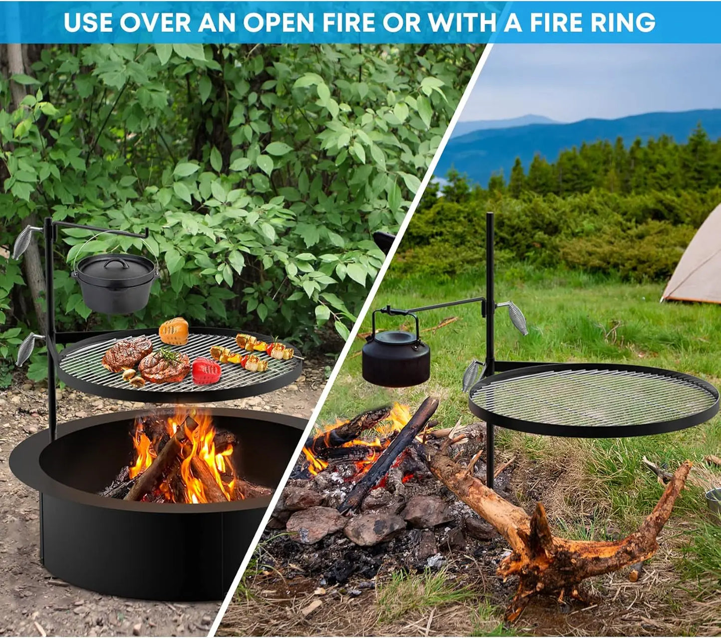 Campfire Grill Grate - Stainless Steel Swing Cooking Stand BBQ Grill, Portable Barbecue Rack for Outdoor Open Fire Cooking