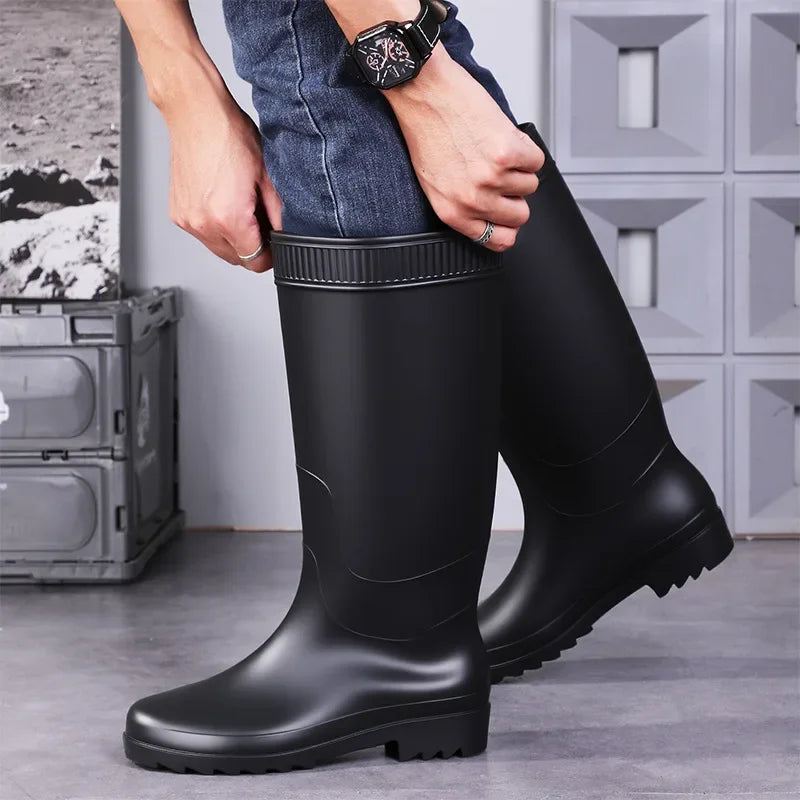 Men's Fashionable Long Tube Rain Boots Anti-Slip Waterproof Wear-Resistant Outdoor Fishing Car Wash Thick Bottom Shoes