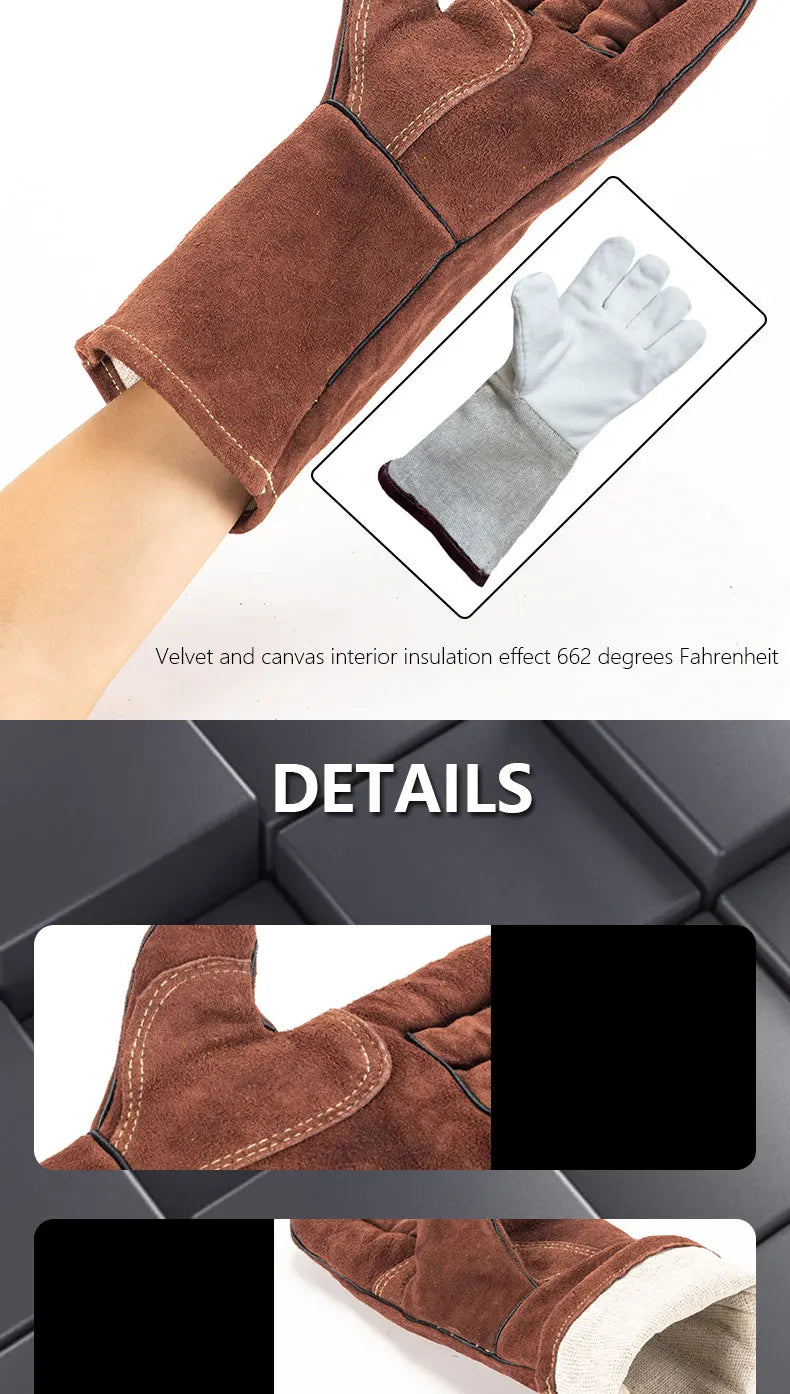 14 Inch Welding Gloves For Welder Work Gloves Thick Cow Split Leather Heat Resistant Oven BBQ Gloves For Grill Heat Insulation