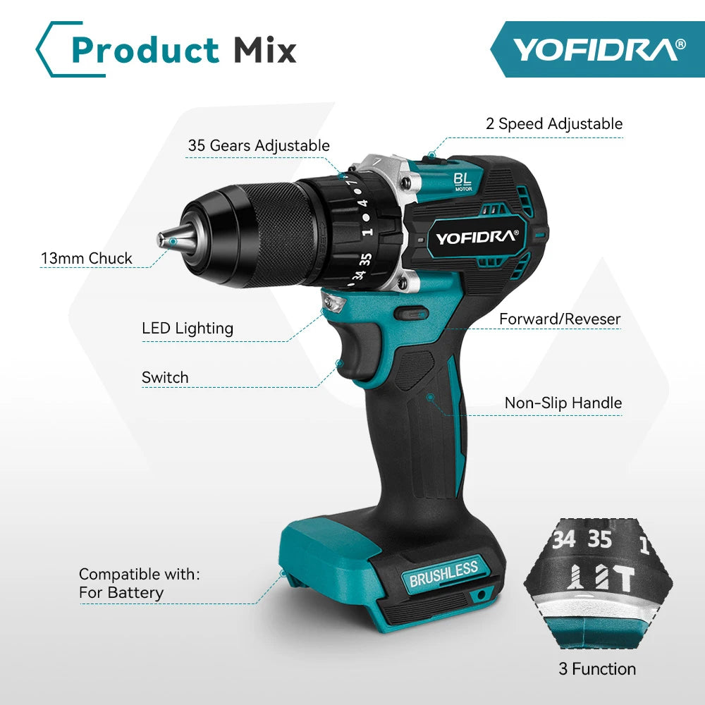 YOFIDRA 13mm 35+3 Torque Brushless Electric Impact Drill Cordless Screwdriver Househeld Power Tool For Makita 18V Battery Pin