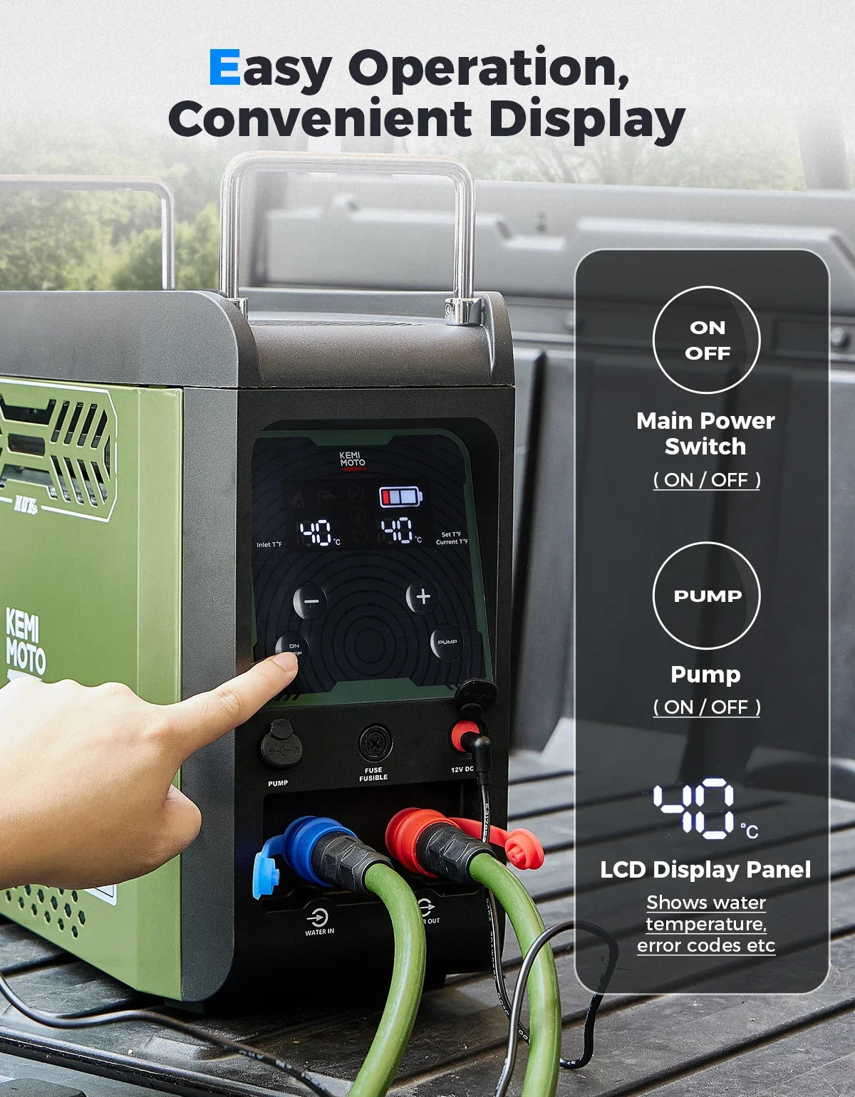 UTV Portable Shower Botane Outdoor Water Heater with Pump Max 100 Mins 3s Instant Hot 20,000 BTU 4000mAh Rechargeable Battery