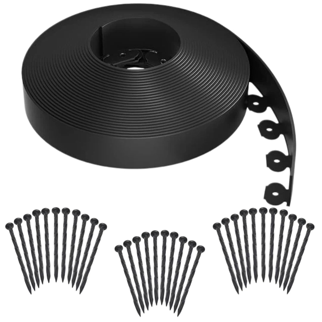 33FT - 100FT No-Dig Landscape Edging with Anchoring Spikes, 1.5 in. Tall Straight Top Plastic Garden Border Foot Kit, Black