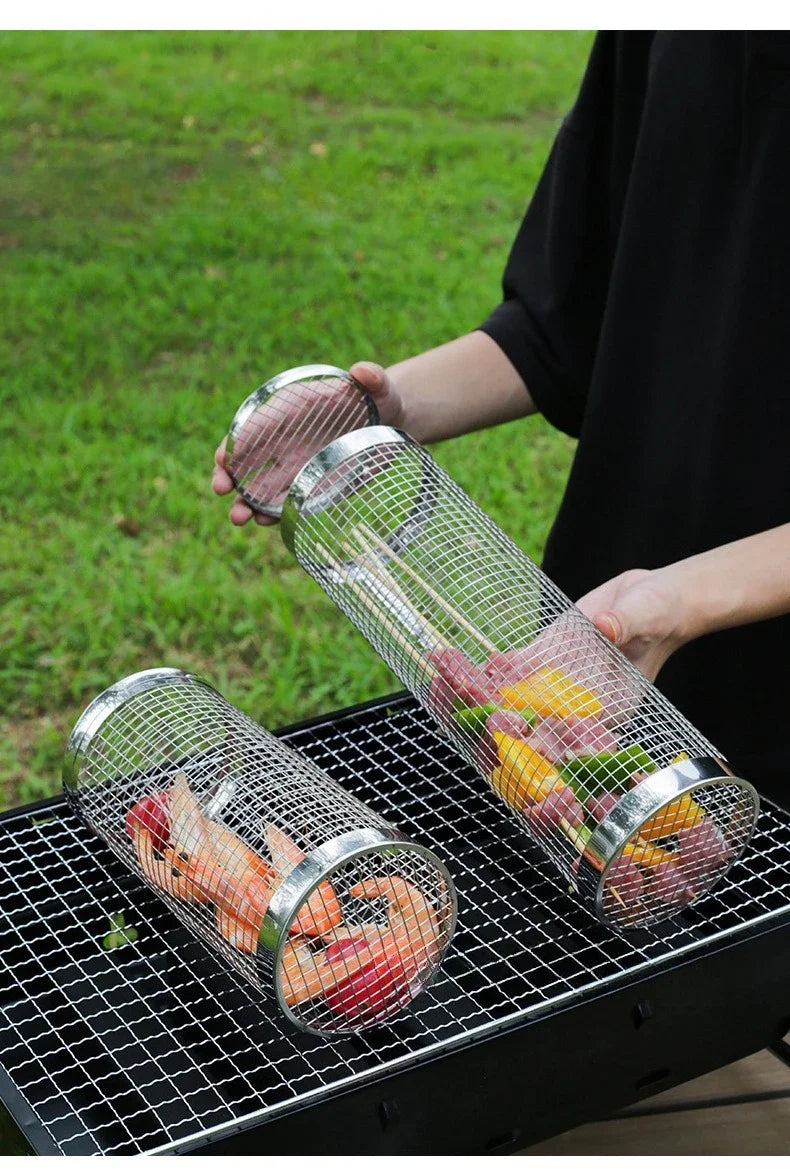 2pcs Rolling Grilling Baskets for Outdoor Grill Bbq Net Tube Stainless Steel Round Mesh Rotation Barbecue Cage grill Accessories