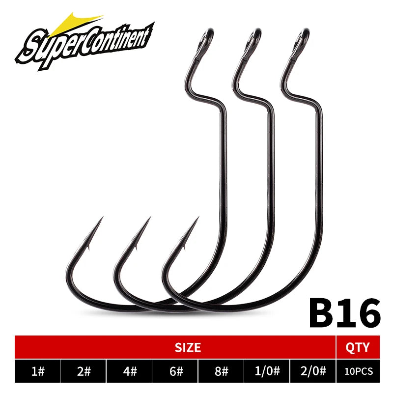 SUPERCONTINET 10pcs/lot Fishing Soft Worm Hooks High Carbon Steel Wide Super Lock Fishhooks Lure Softjerk Hooks