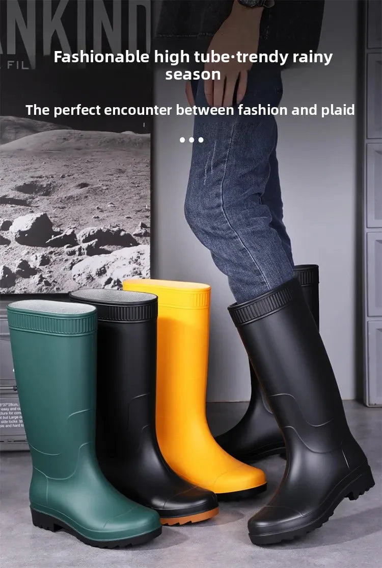 Men's Fashionable Long Tube Rain Boots Anti-Slip Waterproof Wear-Resistant Outdoor Fishing Car Wash Thick Bottom Shoes