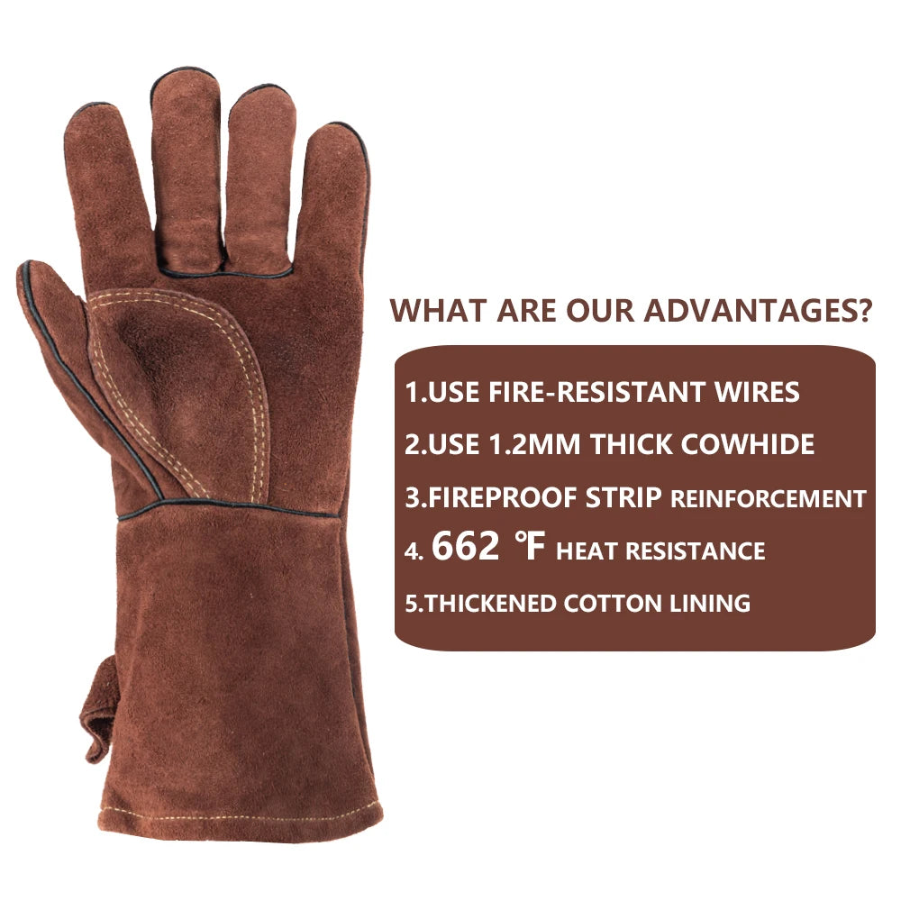 14 Inch Welding Gloves For Welder Work Gloves Thick Cow Split Leather Heat Resistant Oven BBQ Gloves For Grill Heat Insulation