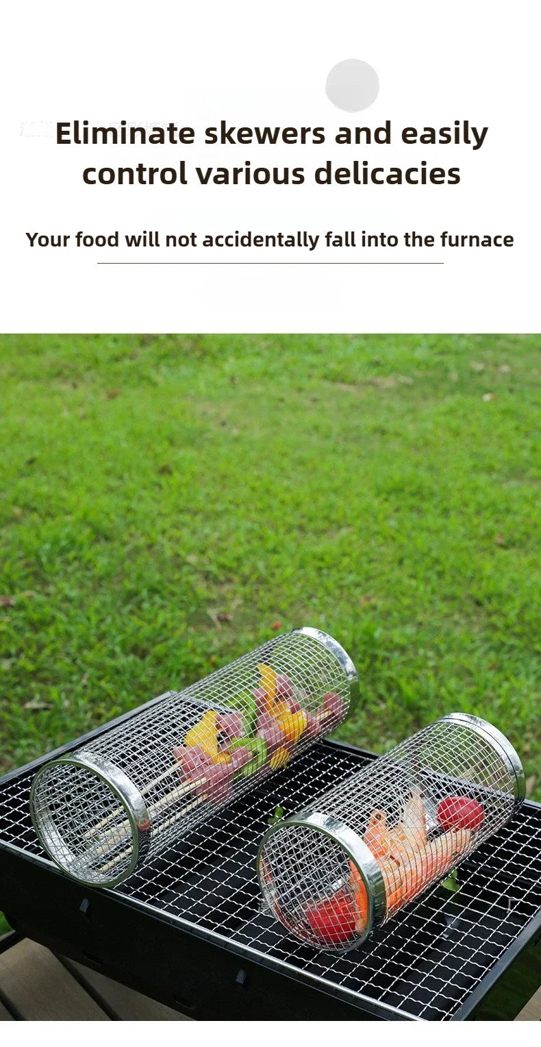 2pcs Rolling Grilling Baskets for Outdoor Grill Bbq Net Tube Stainless Steel Round Mesh Rotation Barbecue Cage grill Accessories