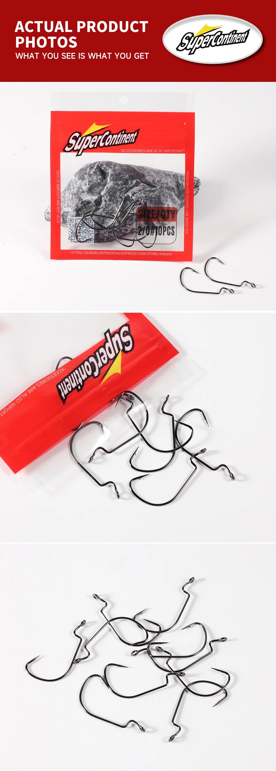 SUPERCONTINET 10pcs/lot Fishing Soft Worm Hooks High Carbon Steel Wide Super Lock Fishhooks Lure Softjerk Hooks