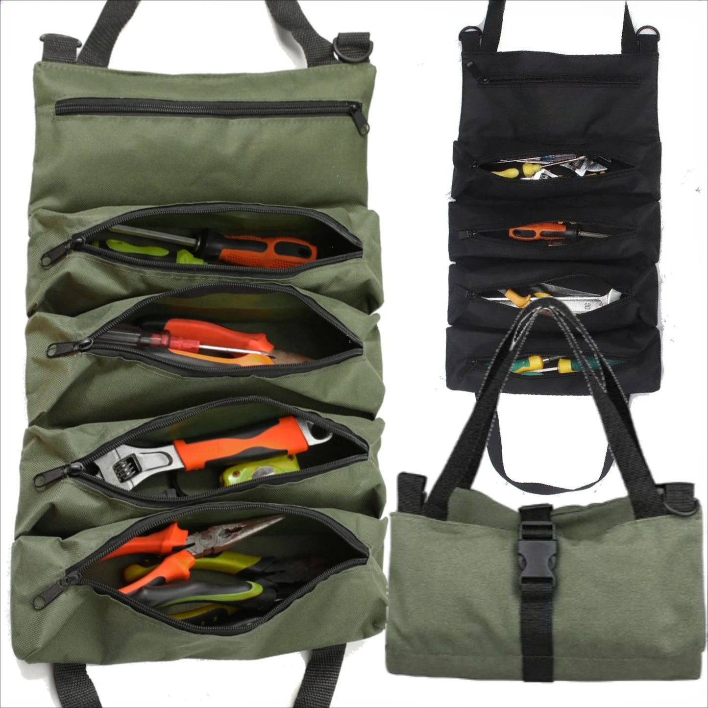 Heavy-Duty Roll-Up Tool Bag - Oxford Fabric Multi-Tool Organizer All-in-One Garage Storage for Mechanics/Electricians/Carpenters