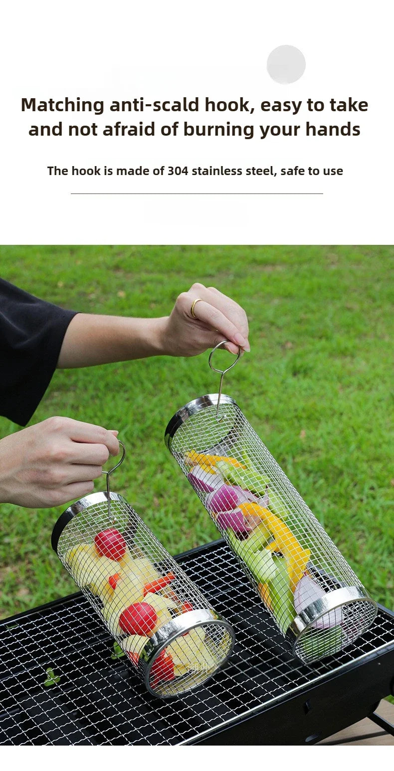 2pcs Rolling Grilling Baskets for Outdoor Grill Bbq Net Tube Stainless Steel Round Mesh Rotation Barbecue Cage grill Accessories