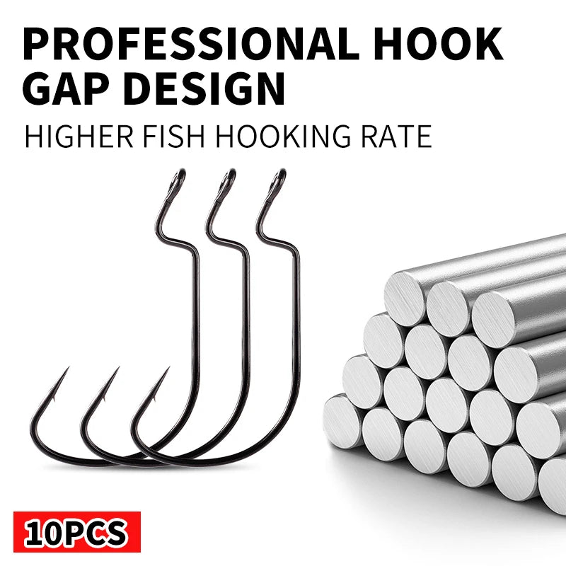 SUPERCONTINET 10pcs/lot Fishing Soft Worm Hooks High Carbon Steel Wide Super Lock Fishhooks Lure Softjerk Hooks