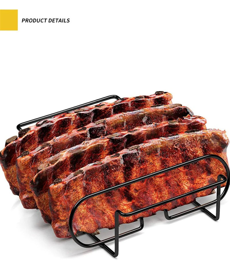 BBQ Steak Racks Non-Stick Coated Steel Roasting Barbecue Rib Meat Lamb Roasting Grilling Stand Holds Outdoor Picnic Rib Rack