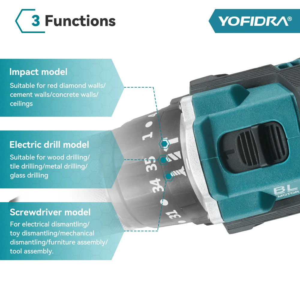 YOFIDRA 13mm 35+3 Torque Brushless Electric Impact Drill Cordless Screwdriver Househeld Power Tool For Makita 18V Battery Pin