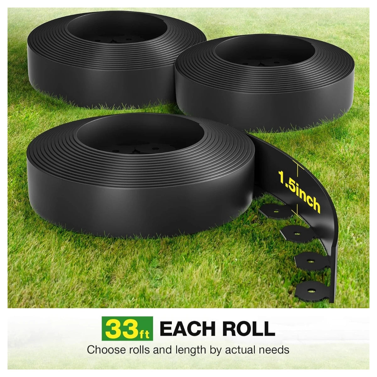 33FT - 100FT No-Dig Landscape Edging with Anchoring Spikes, 1.5 in. Tall Straight Top Plastic Garden Border Foot Kit, Black