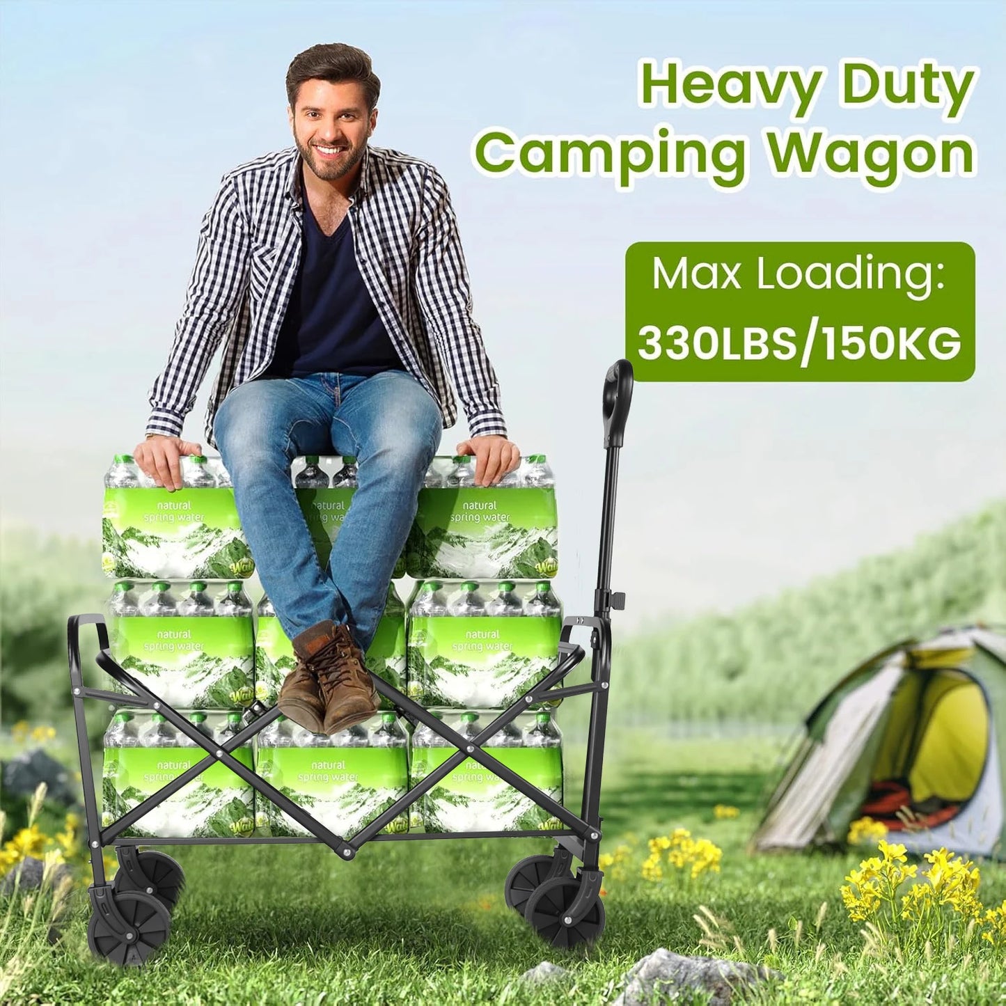 Heavy Duty Wagon Carts Foldable, Portable Wagons for Groceries, Beach Cart with All-Terrain Wheels  Drink Holders, Utility Wagon