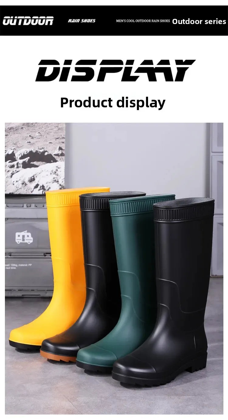Men's Fashionable Long Tube Rain Boots Anti-Slip Waterproof Wear-Resistant Outdoor Fishing Car Wash Thick Bottom Shoes