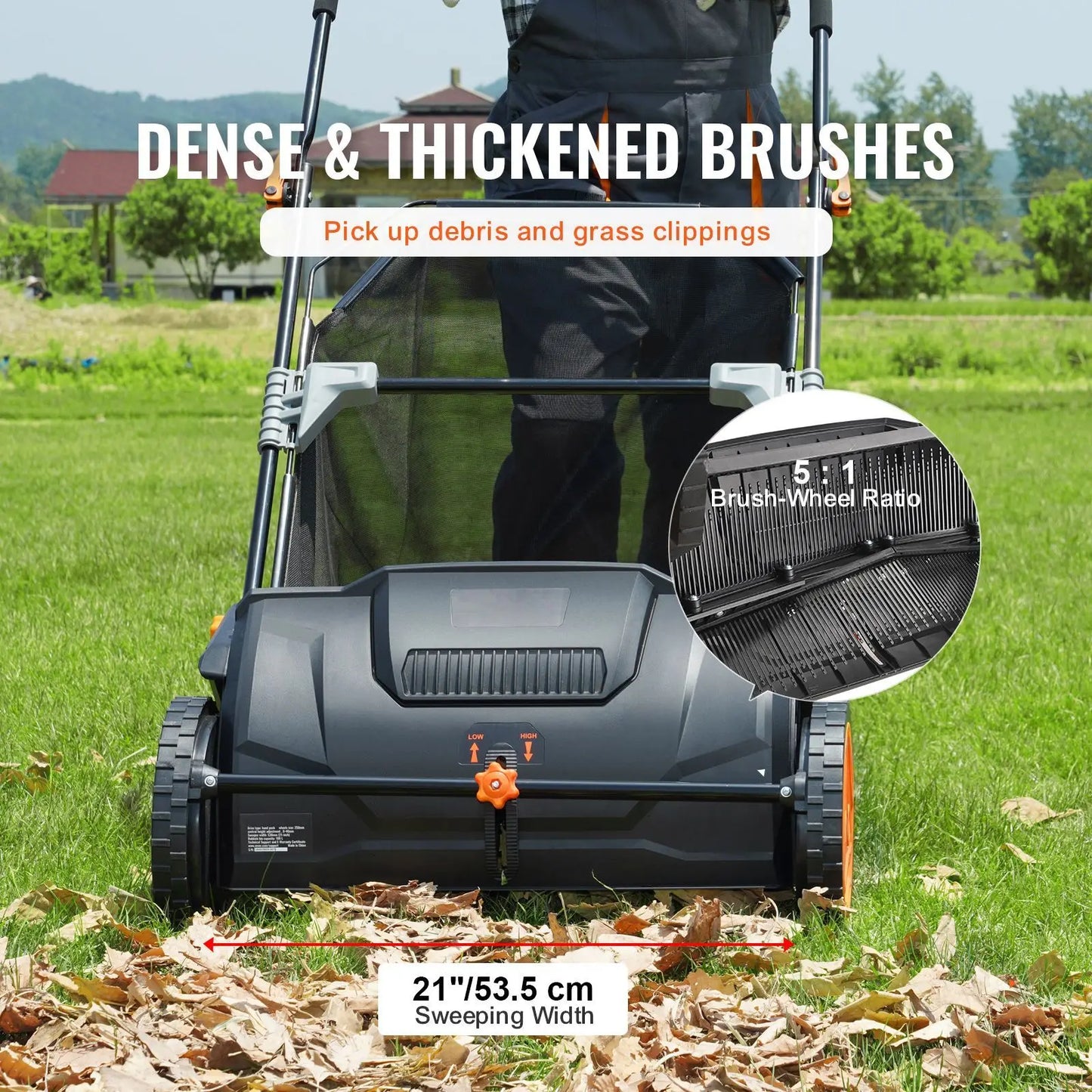 Push Lawn Sweeper 21 inch Heavy-Duty Thickened Steel Leaf And Grass Collector with Large 3.5 Cu Large Capacity for Easy Cleaning