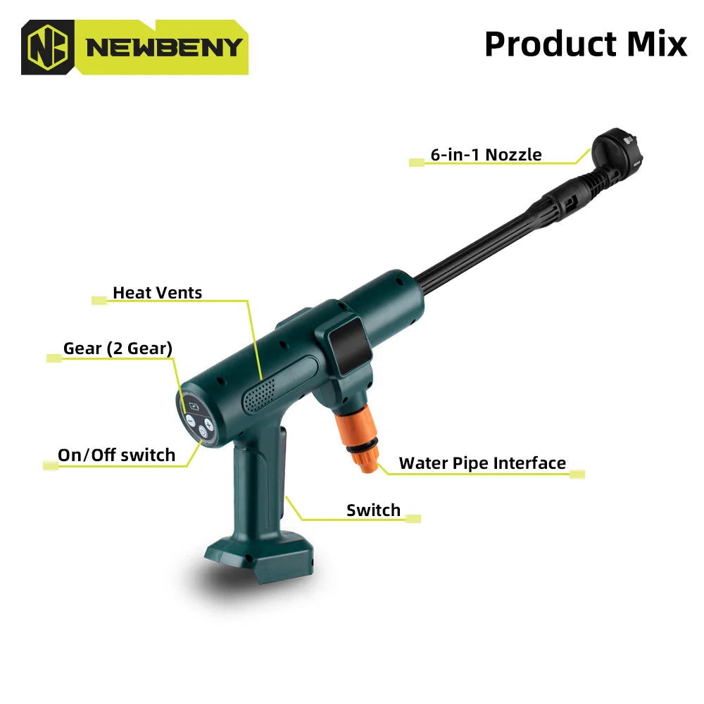 NEWBENY 200Bar Brushless High Pressure Car Washer Gun 6 IN 1 Electric Garden Washing Water Wash Spray Gun For Makita Battery Pin