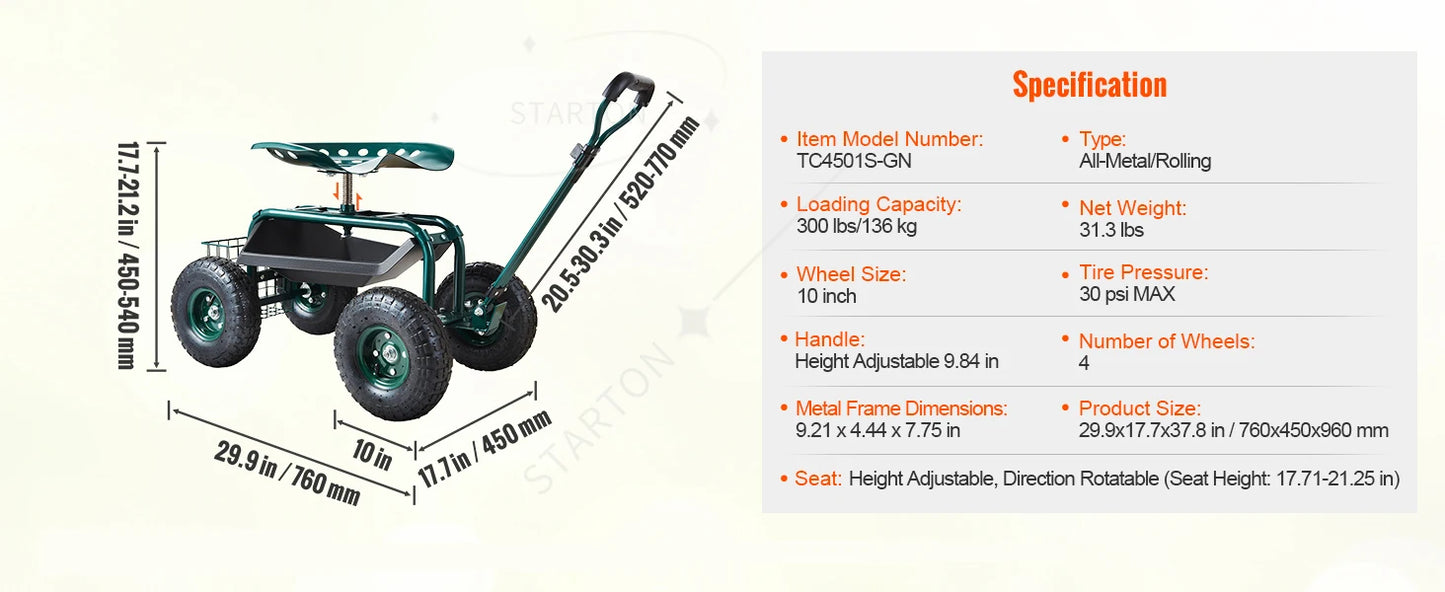 Rolling Workseat with Wheels Gardening Stool for Planting Degree Swivel Seat Wagon Scooter with Steering
