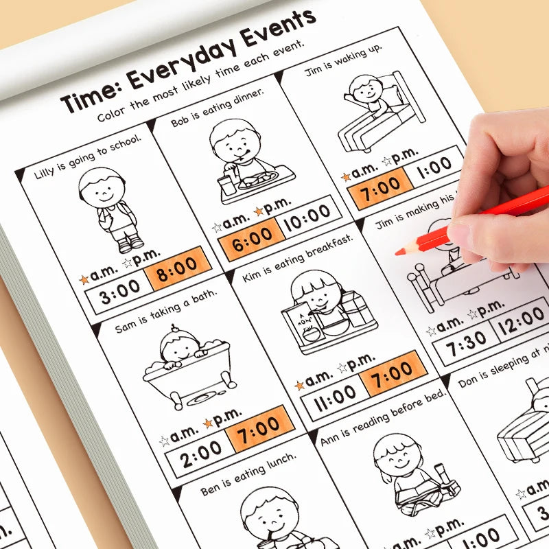 Children's Time Concept Practice Workbook, Suitable for Home School and Kindergarten Activities, Includes Reading and Math Practice Sheets, Perfect for Classroom Teaching and Back-To-School Supplies. Christmas Gifts.