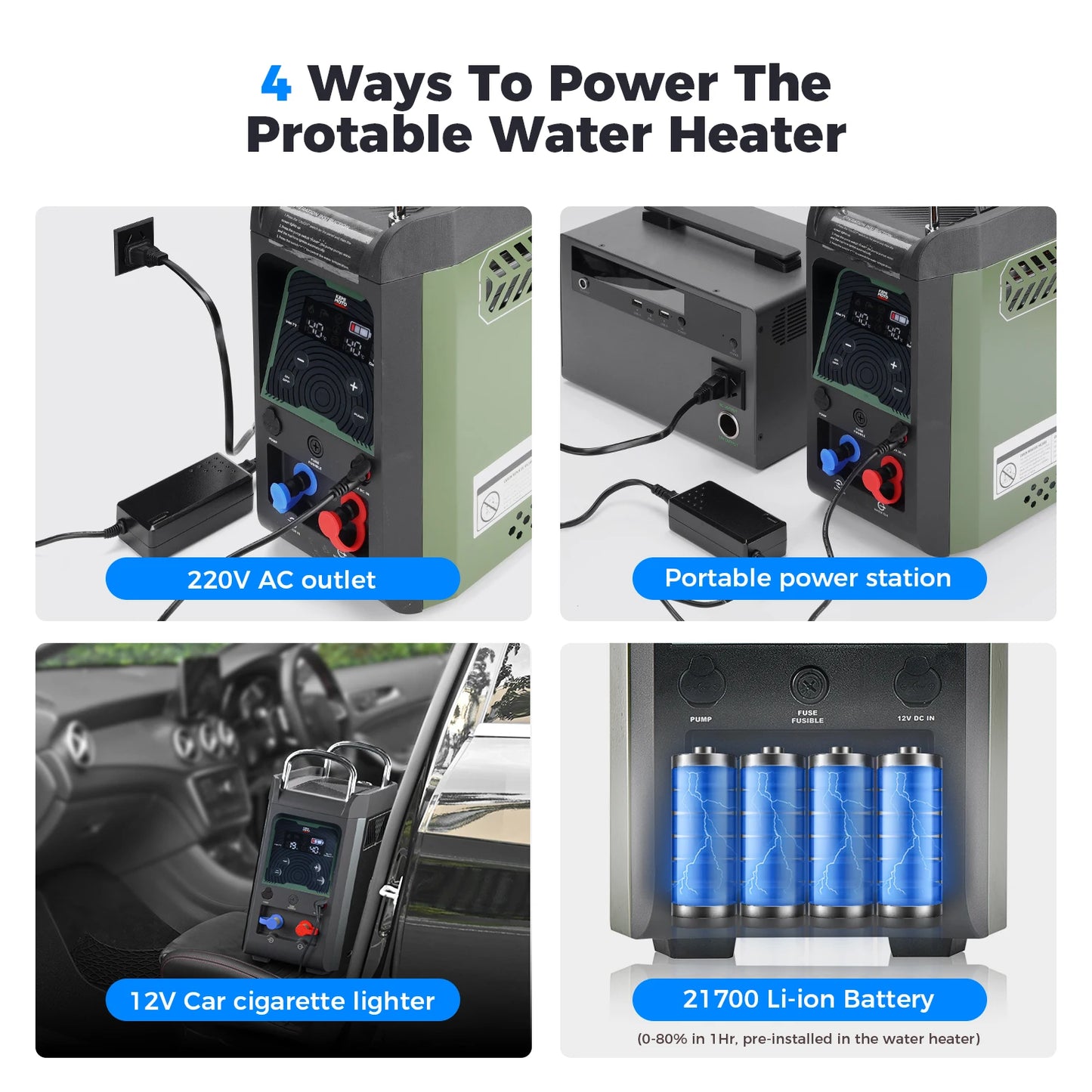 UTV Portable Shower Botane Outdoor Water Heater with Pump Max 100 Mins 3s Instant Hot 20,000 BTU 4000mAh Rechargeable Battery
