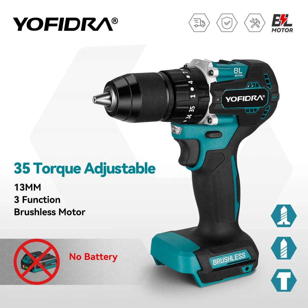 YOFIDRA 13mm 35+3 Torque Brushless Electric Impact Drill Cordless Screwdriver Househeld Power Tool For Makita 18V Battery Pin