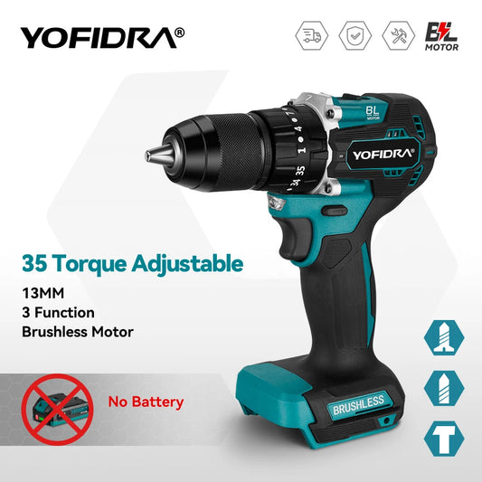 YOFIDRA 13mm 35+3 Torque Brushless Electric Impact Drill Cordless Screwdriver Househeld Power Tool For Makita 18V Battery Pin