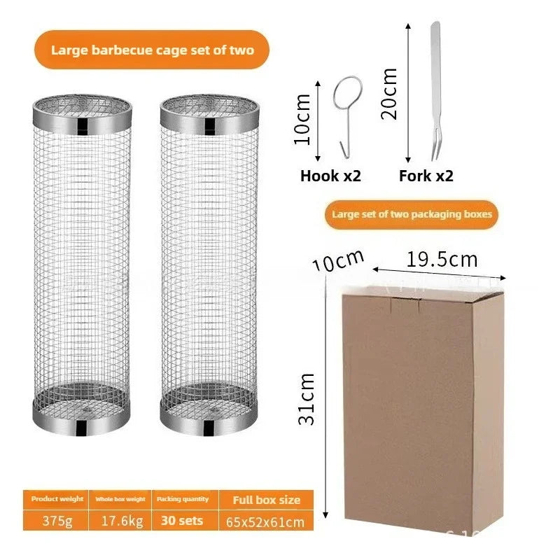 2pcs Rolling Grilling Baskets for Outdoor Grill Bbq Net Tube Stainless Steel Round Mesh Rotation Barbecue Cage grill Accessories