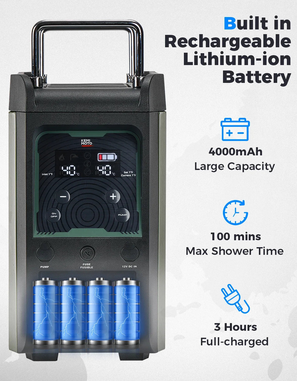 UTV Portable Shower Botane Outdoor Water Heater with Pump Max 100 Mins 3s Instant Hot 20,000 BTU 4000mAh Rechargeable Battery