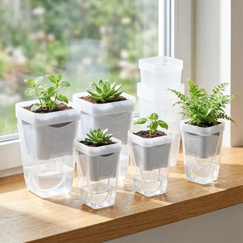 5/1pcs Transparent Self Watering Pots Automatic Absorbent Cotton Wick Plant Pot Garden Seedlings Flowerpot Nursery Cups Planters