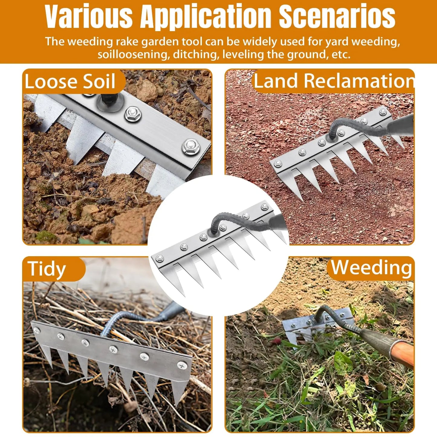5/6/7/8Teeth Agricultural Rake Soil Loosening Weeding Tool Multifunction Metal Weeding Rake Garden Weeding Rake Gardening Tools