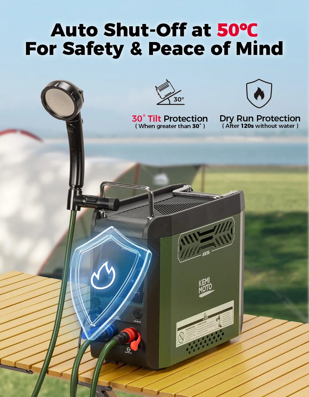 UTV Portable Shower Botane Outdoor Water Heater with Pump Max 100 Mins 3s Instant Hot 20,000 BTU 4000mAh Rechargeable Battery