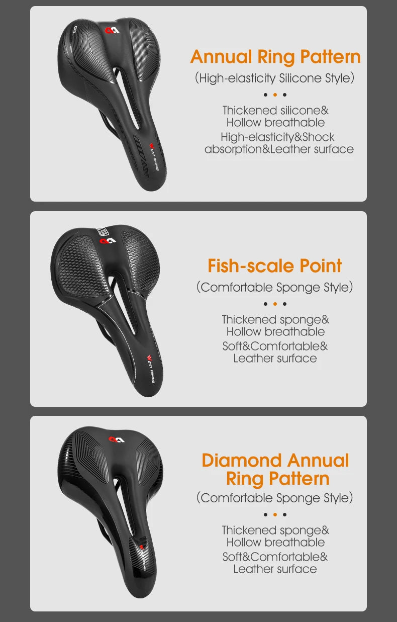 WEST BIKING MTB Bike Bicycle Saddle Rail Hollow Breathable Absorption Rainproof Soft Comfortable Sponge Casual Road Cycling Seat