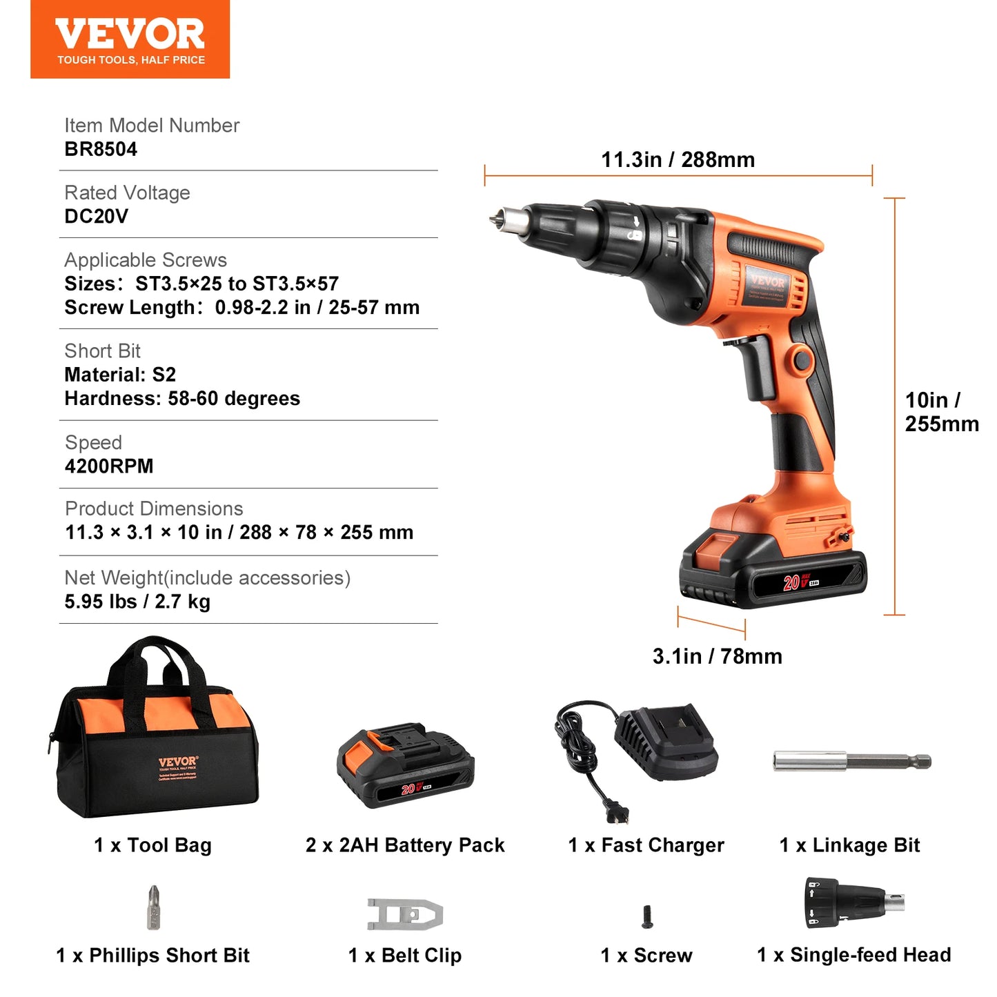 SucceBuy Drywall Screw Gun 20V Max Drywall Screwgun 4200RPM Brushles Cordless Drywall Kit Reverse Adjustable Built-in LED Light