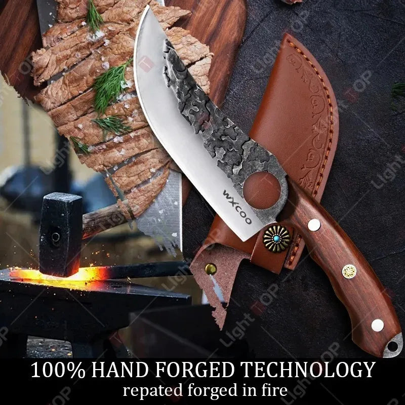 WXCOO Professional Kitchen Boning Knife Wooden Handle BBQ Knives Meat Eating Knife Butcher Knife Hammered Forged Stainless Steel