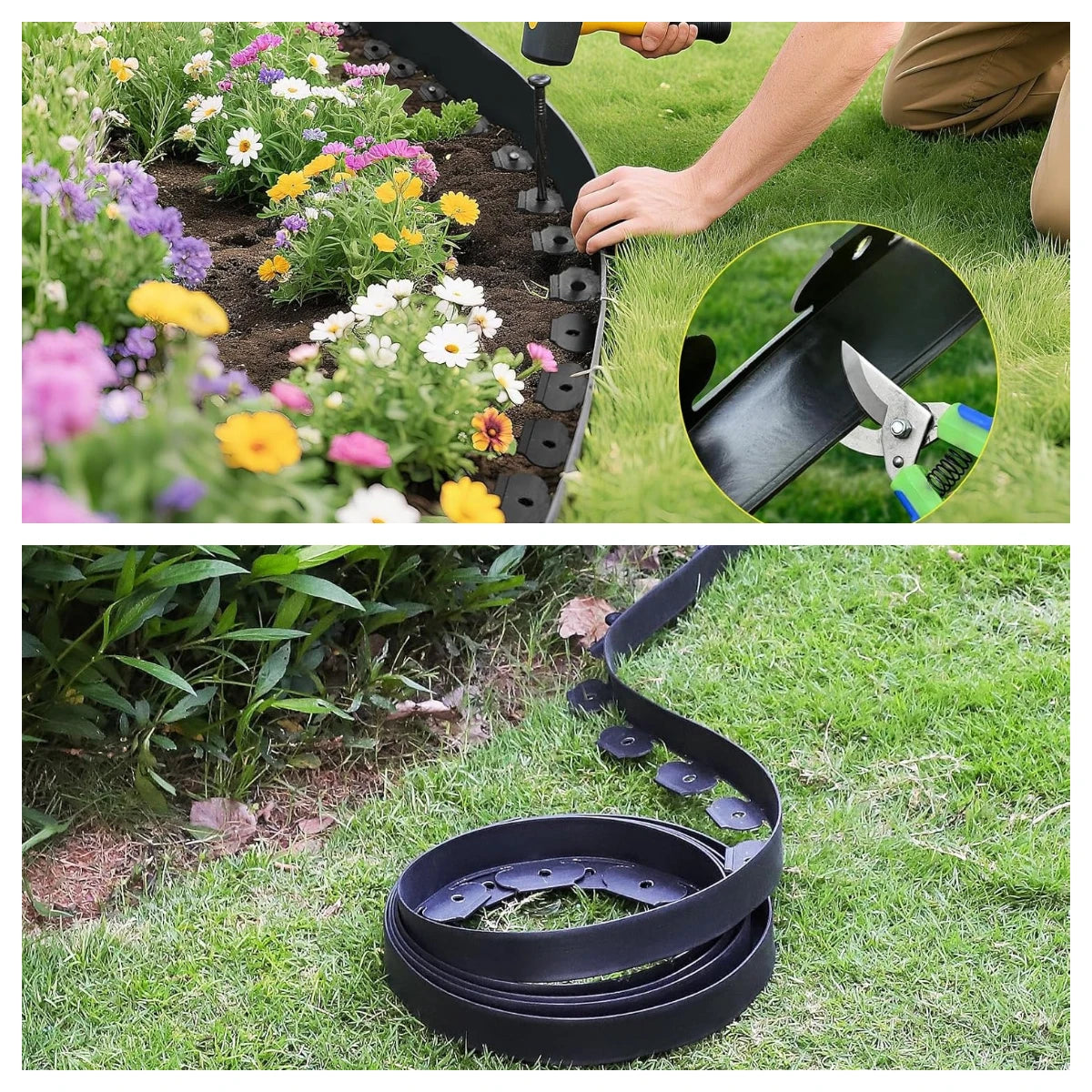 33FT - 100FT No-Dig Landscape Edging with Anchoring Spikes, 1.5 in. Tall Straight Top Plastic Garden Border Foot Kit, Black