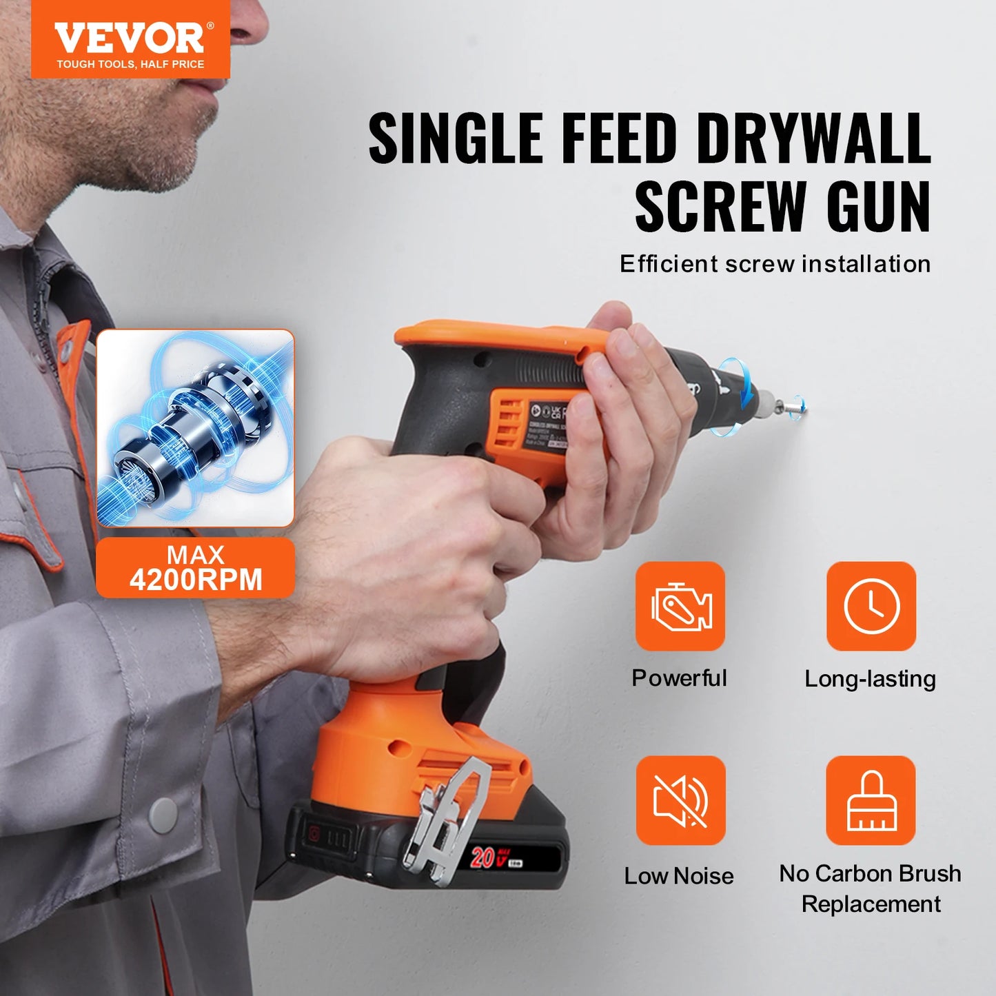 SucceBuy Drywall Screw Gun 20V Max Drywall Screwgun 4200RPM Brushles Cordless Drywall Kit Reverse Adjustable Built-in LED Light