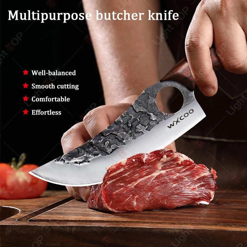 WXCOO Professional Kitchen Boning Knife Wooden Handle BBQ Knives Meat Eating Knife Butcher Knife Hammered Forged Stainless Steel