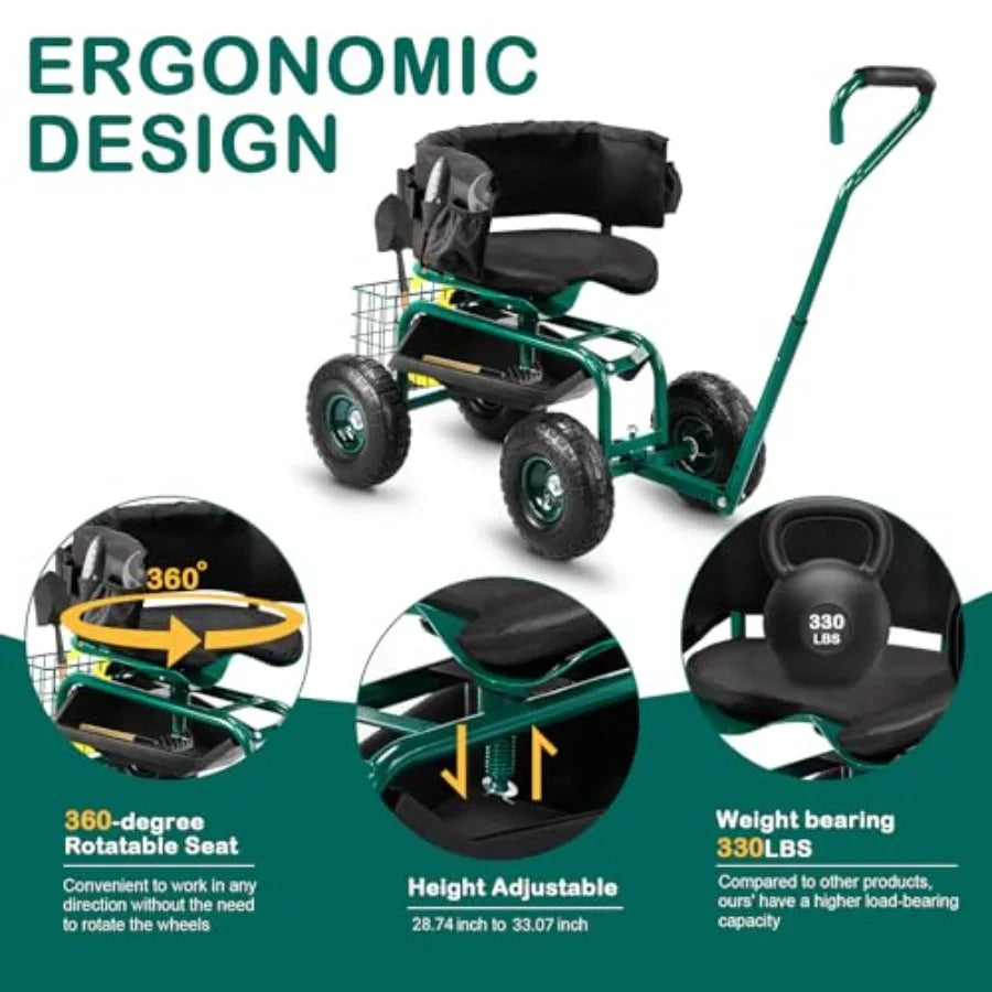 Garden Cart for Patio Backyard Lawn Outdoor Use: Green Steel Frame with Soft Rolling Seat Wheels Adjustable Steering Handle Uti